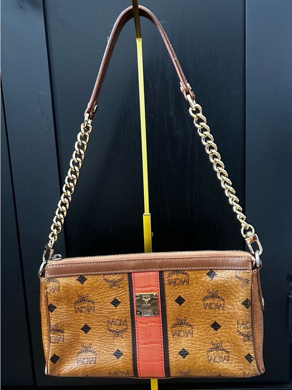 MCM Cognac Visetos Crossbody with Coral Center Stripe and Gold Hardware